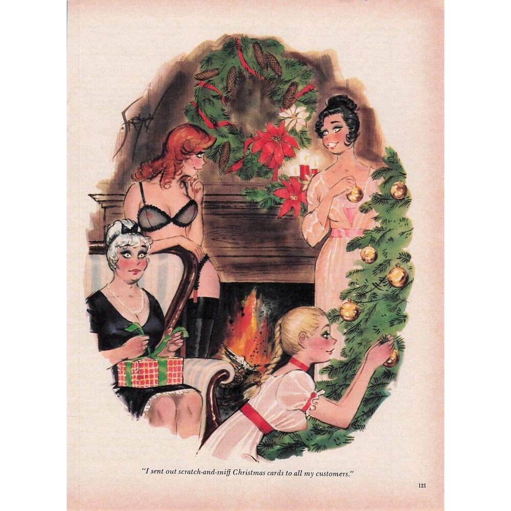 1982 sexy adult Cartoon Christmas Pinup Magazine Page women Lingerie Art funny